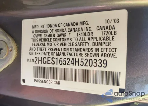 2004 Honda Civic Lx z USA, uszkodzony, nr VIN 2HGES16524H520339